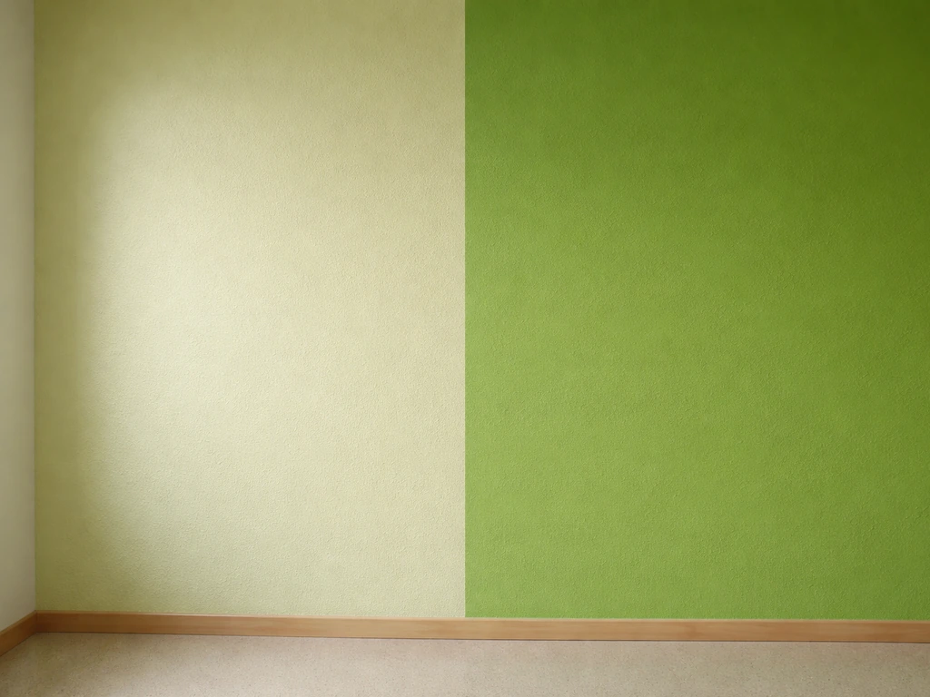 Mur de salle de maternelle avec deux nuances de vert, l’une évoquant l’herbe naturelle.