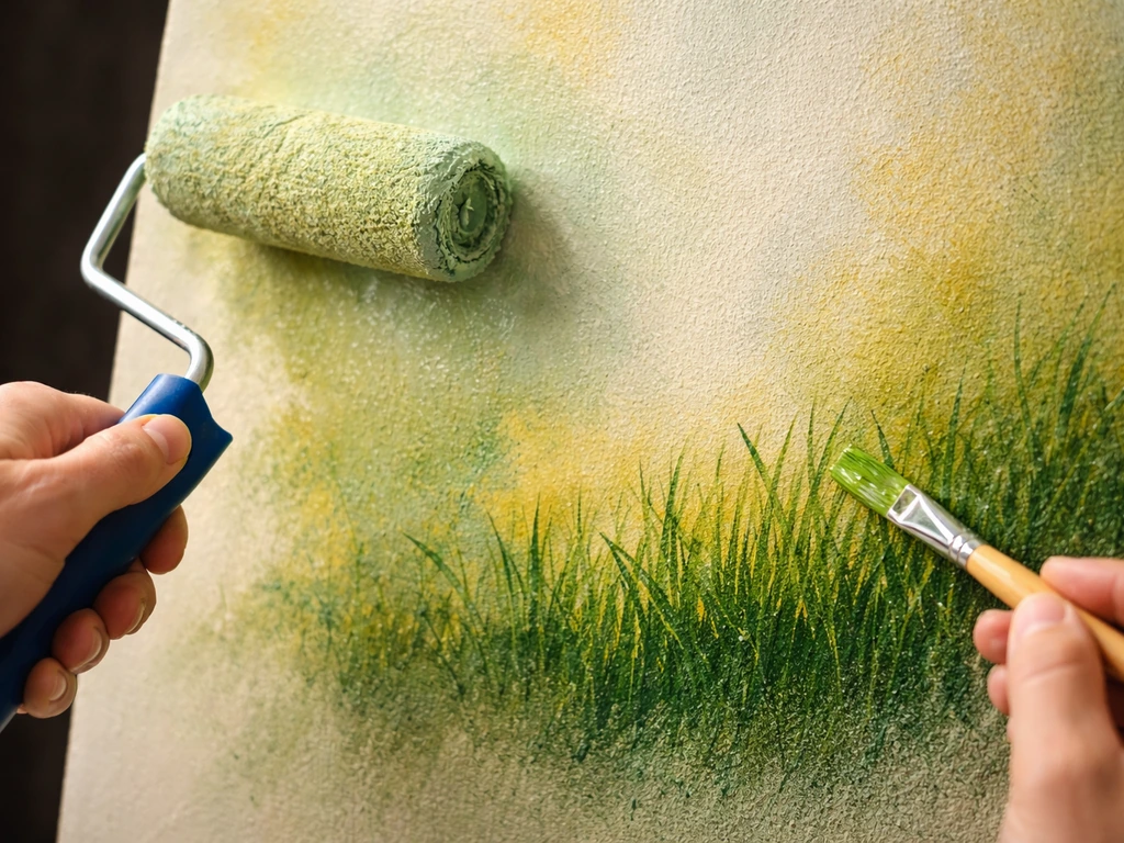 Petit mur en cours de glacis : rouleau et pinceau appliquent des voiles verts pour un effet herbe peinte.