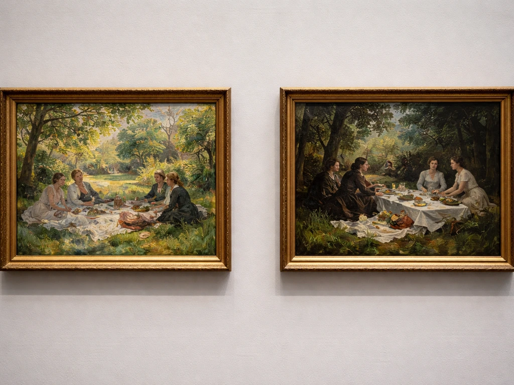 Deux toiles côte à côte au musée d’Orsay, scènes de jardin au style impressionniste, pour distinguer Monet et Manet.