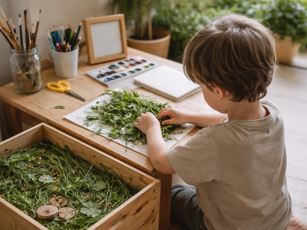 Enfant dans un atelier près d’une table, herbe et touches vertes évoquant un musée accessible aux familles.