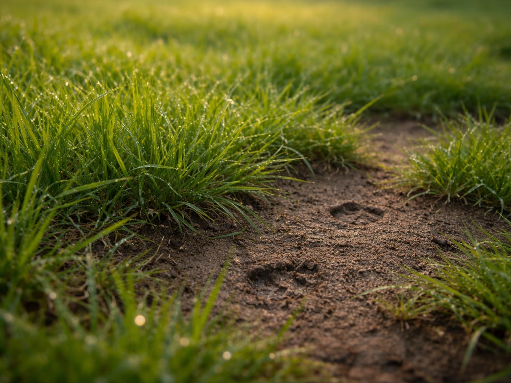 Gros plan d’une pelouse avec des empreintes et des textures d’herbe, évoquant « en herbe » de façon poétique