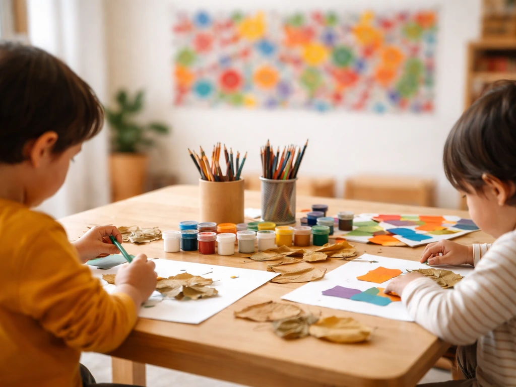 Enfants créant à une table avec papiers et pigments, œuvre collective en arrière-plan dans un espace d’éveil artistique.
