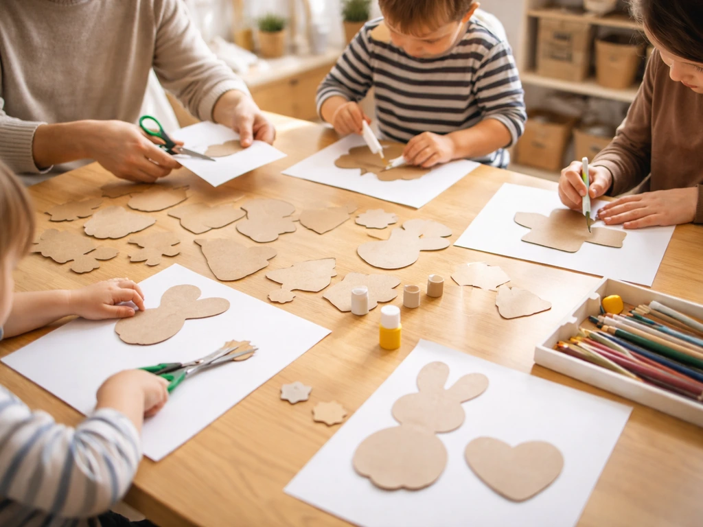 Atelier créatif en famille : un enfant et ses parents découpent et collent sur des feuilles avec des gabarits