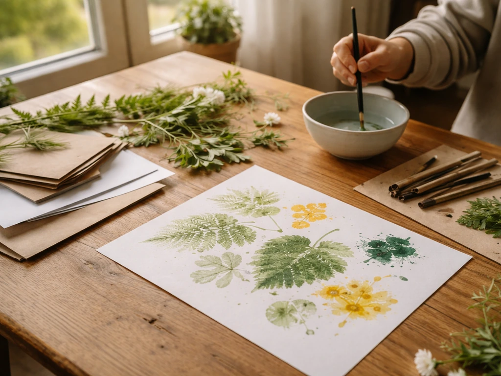 Table d’atelier « musée en herbe » avec feuilles, herbes, papiers et pinceaux, création en cours près d’une fenêtre.