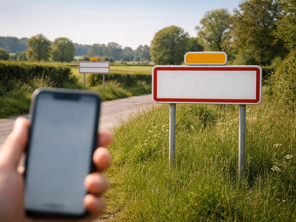 Panneau de commune en Normandie près d’un chemin, main tenant un smartphone, ambiance de repérage géographique.