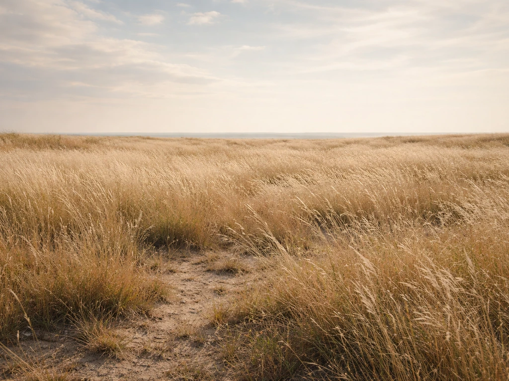 Prairie aux graminées pâles sous une lumière de fin d’été, ambiance normande, paysage minimal.