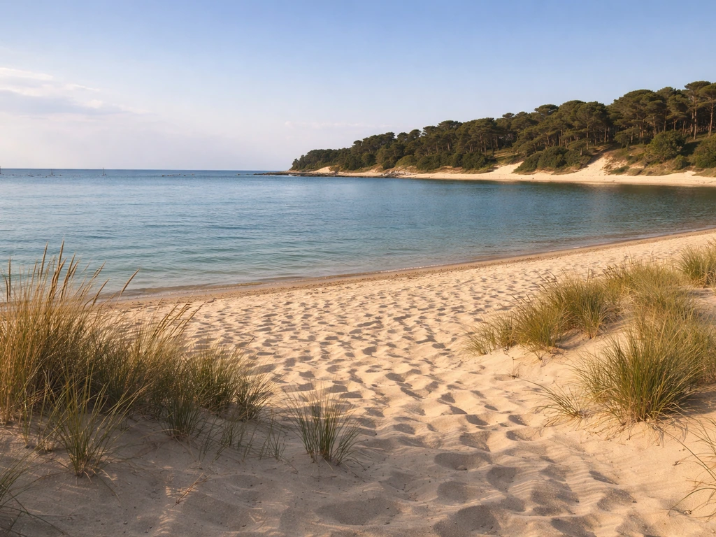 Plage de l’Herbe à Cap Ferret : sable, bassin d’Arcachon et pins en arrière-plan, ambiance calme.