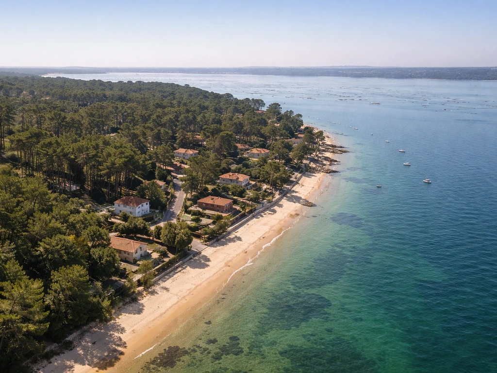 Vue aérienne du Cap Ferret, le village de L’Herbe et le bassin d’Arcachon en arrière-plan.