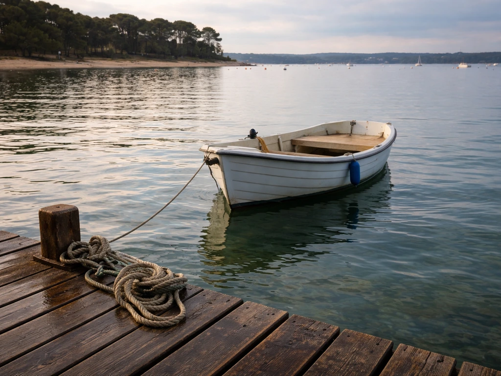 Vue réaliste d’un petit port à Arcachon avec un ponton au premier plan, prêt pour une traversée vers la presqu’île.