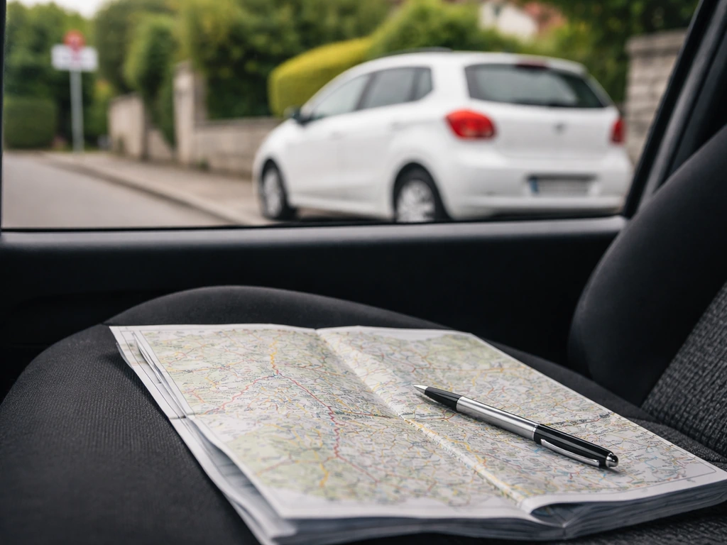 Voiture et carte routière sur un siège, ambiance française pour évoquer distance et temps de trajet