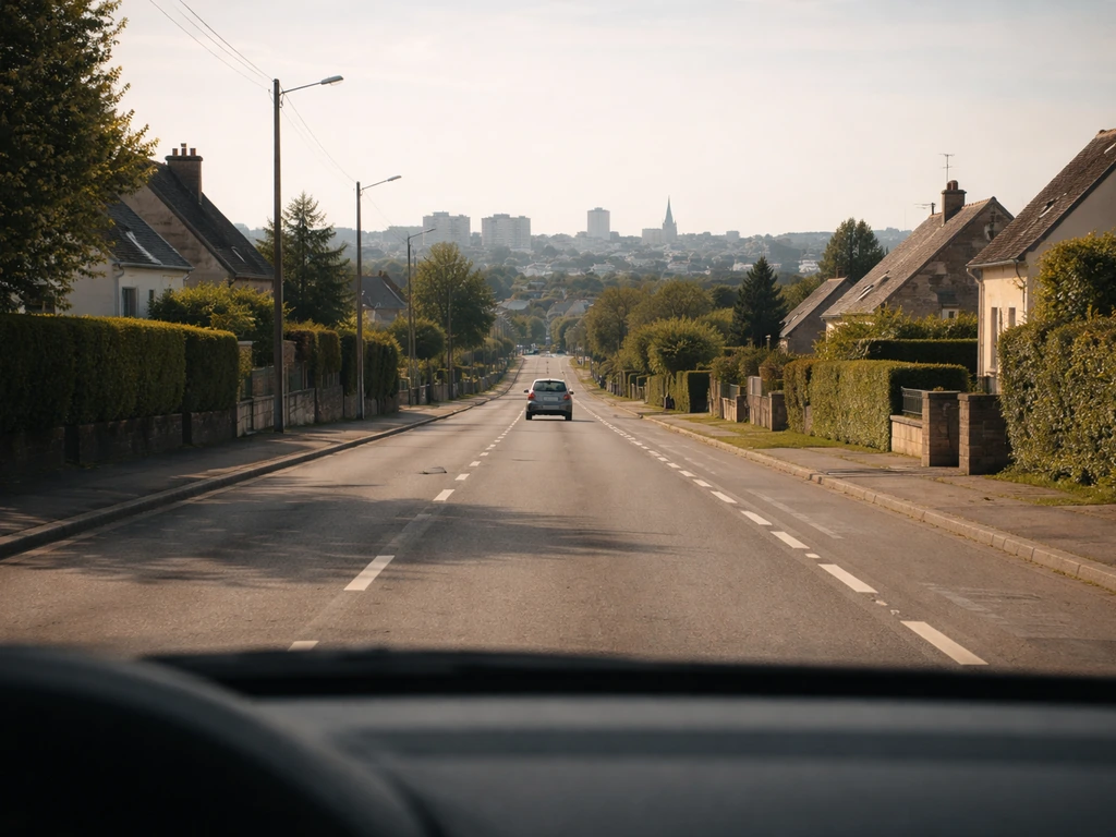 Vue d’une route vers Caen depuis Saint-Germain-la-Blanche-Herbe, ambiance voiture, sans personnes ni texte.