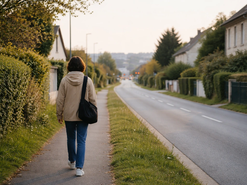 Une personne anonyme marche sur un trottoir verdoyant vers Caen, ambiance urbaine calme et naturelle.
