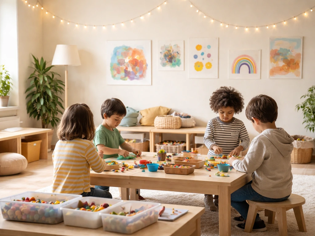Espace chaleureux d’atelier enfants au musée, tables en bois et enfants créatifs, ambiance lumineuse.