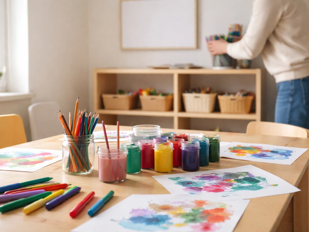 Atelier créatif pour enfants avec peintures et œuvres en cours, ambiance culturelle et pédagogique.