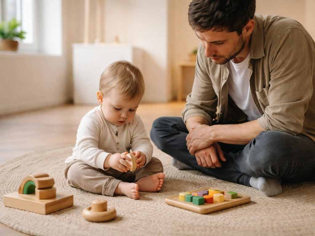 Un tout-petit joue et observe sur un tapis dans un espace d’exposition, avec un parent à côté.