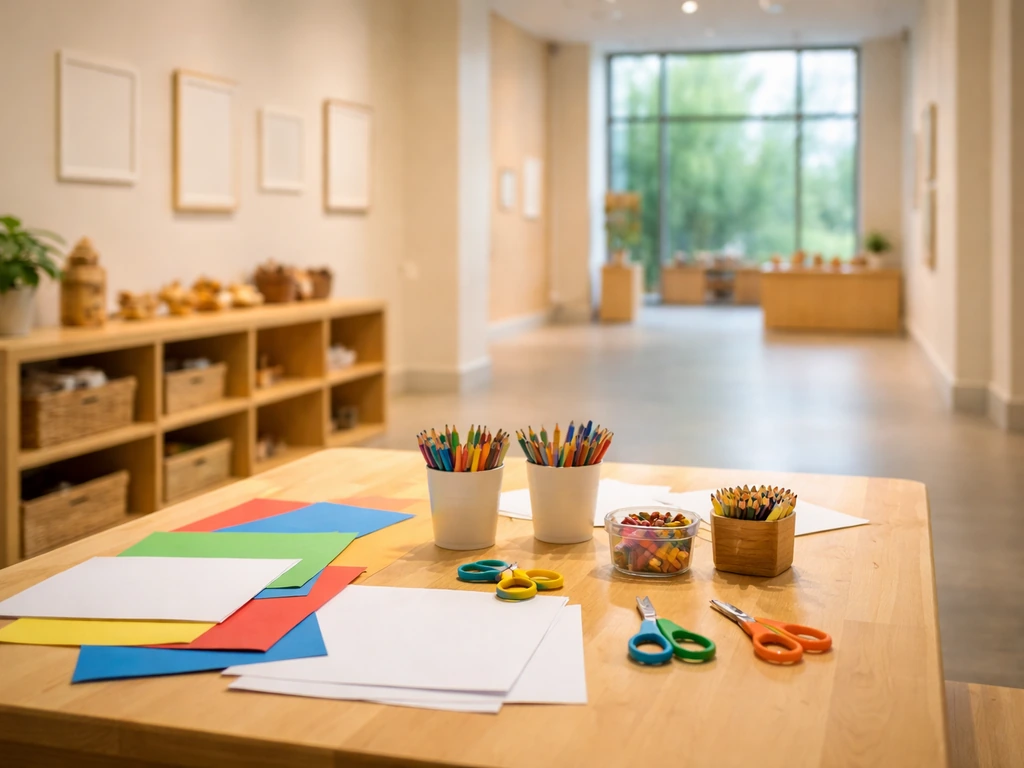 Vue intérieure d’un atelier du Musée en Herbe : tables, enfants de papier et ambiance d’exposition