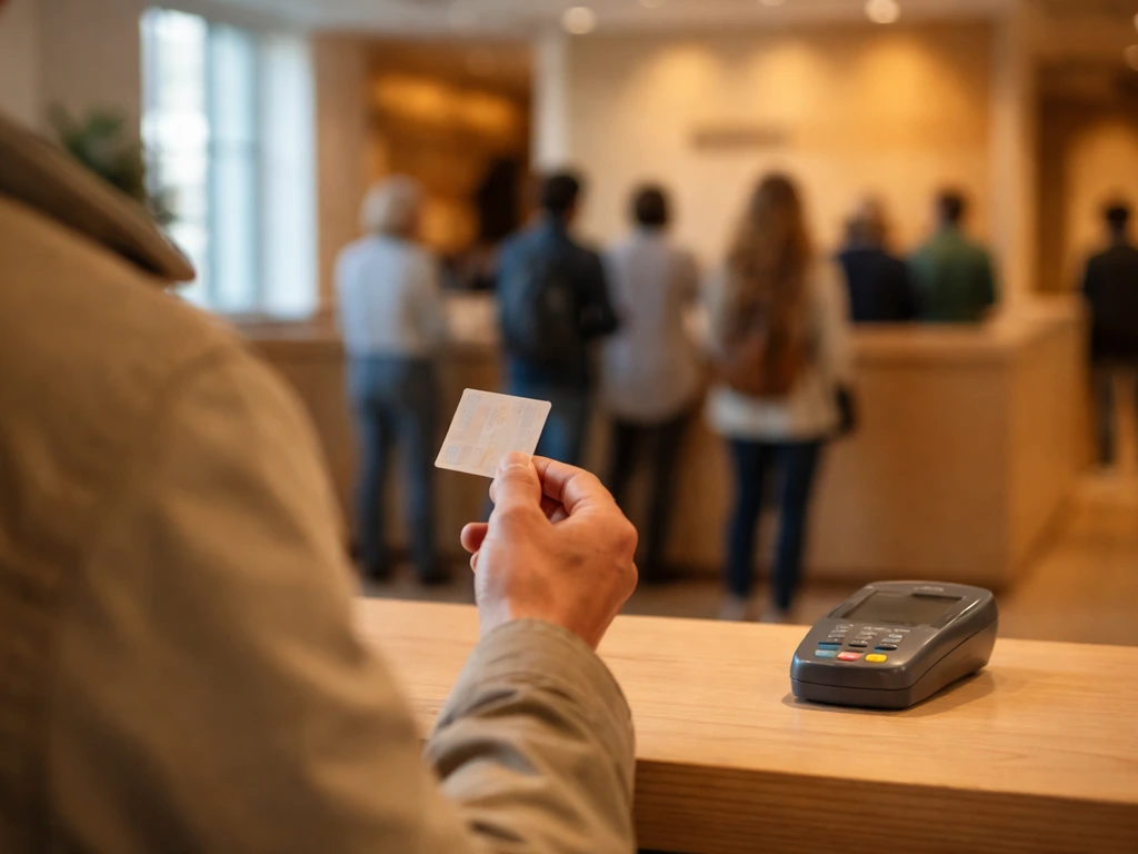 Main anonyme tenant un ticket à la billetterie d’un musée, file discrète et comptoir en arrière-plan.