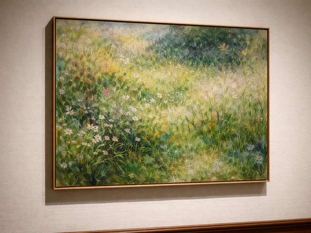 Gros plan réaliste d’une toile impressionniste aux herbes au premier plan, accrochée dans un petit musée aux murs clairs