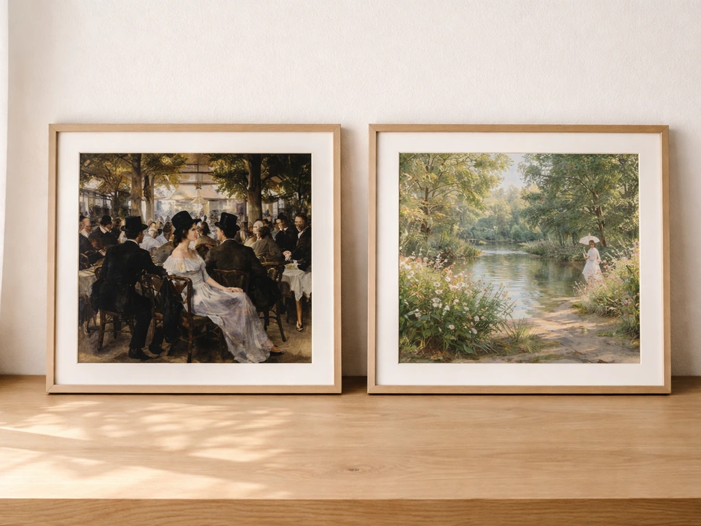 Deux toiles côte à côte : style Manet aux contours nets, puis style Monet aux touches de lumière et flou