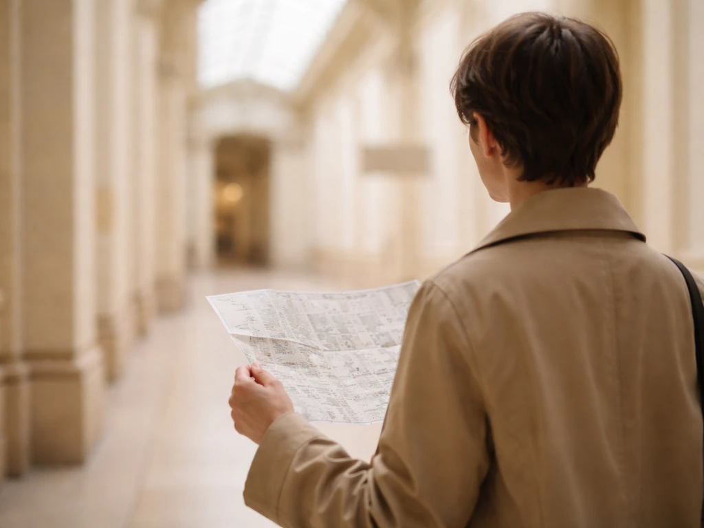 Visiteur anonyme tenant un plan papier et cherchant la bonne salle dans un couloir de musée.