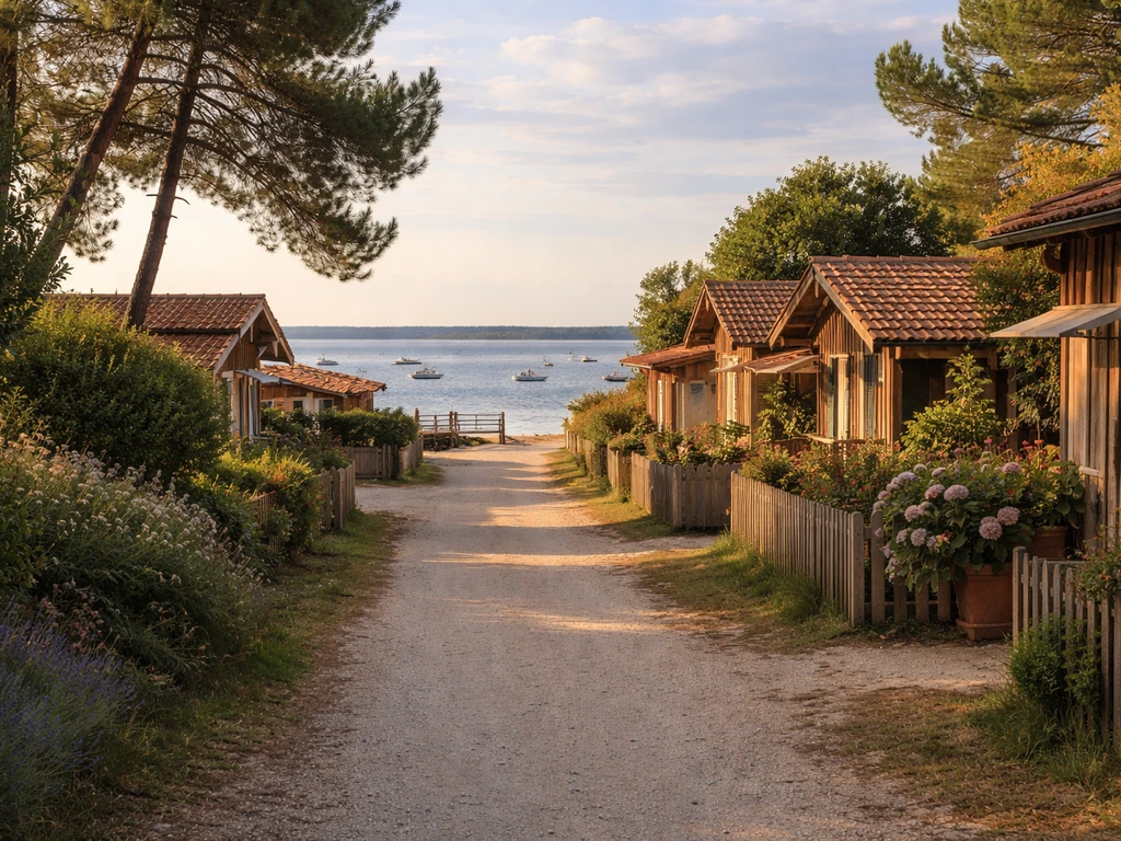 Vue au bord du bassin du Village de l’Herbe à Cap Ferret, ambiance village et repères côtiers pour itinéraires.