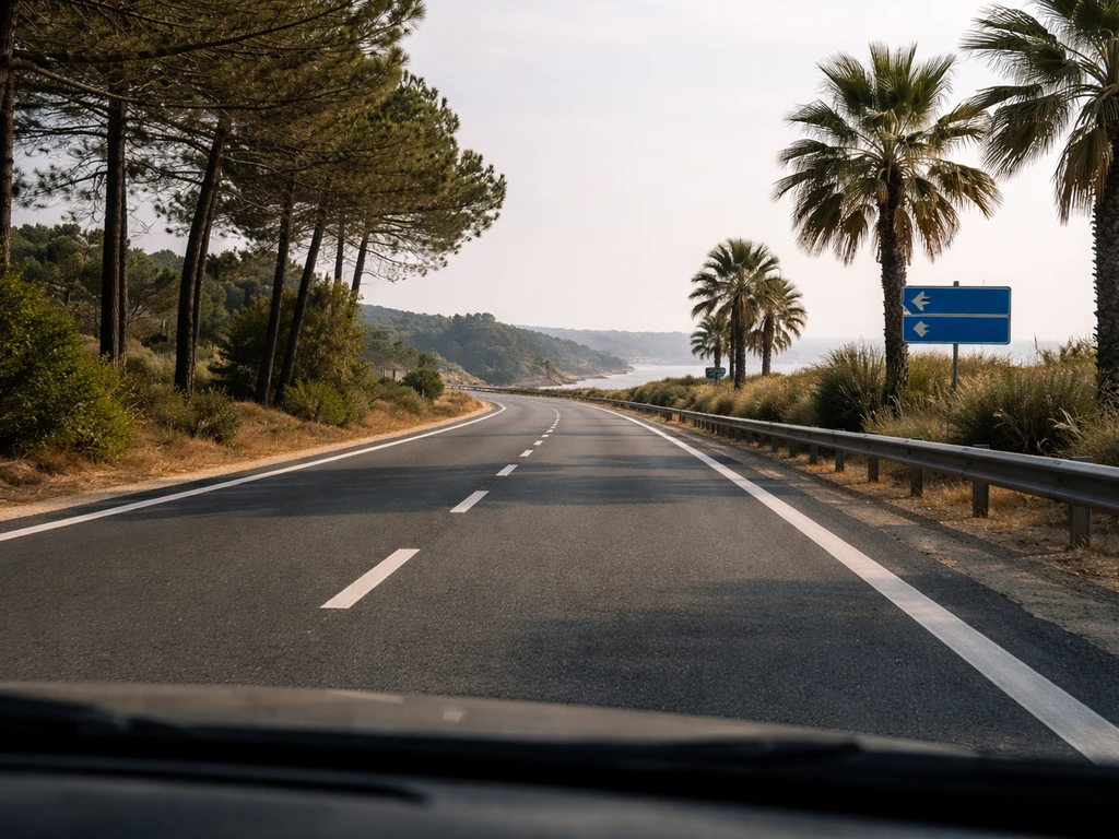 Route vers le Cap Ferret, aperçu depuis la voiture, pins et panneaux bleus au bord de la route.