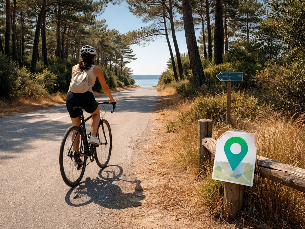 Vélo sur une route côtière, au loin la piste cyclable vers L’Herbe, Piraillan et le Truc Vert