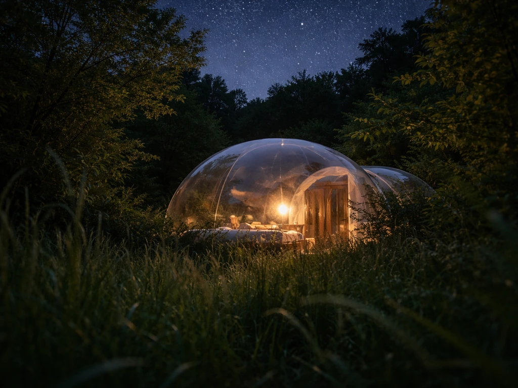 Bulle d’écolodge insolite dans une clairière, herbe haute et végétation dense, ambiance nocturne étoilée