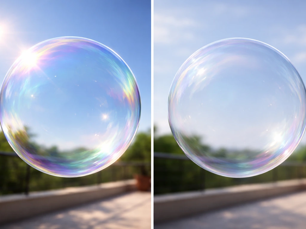 Bulle transparente photographiée en contre-jour, effet magique, avec lumière de jour plus neutre en vue comparative.