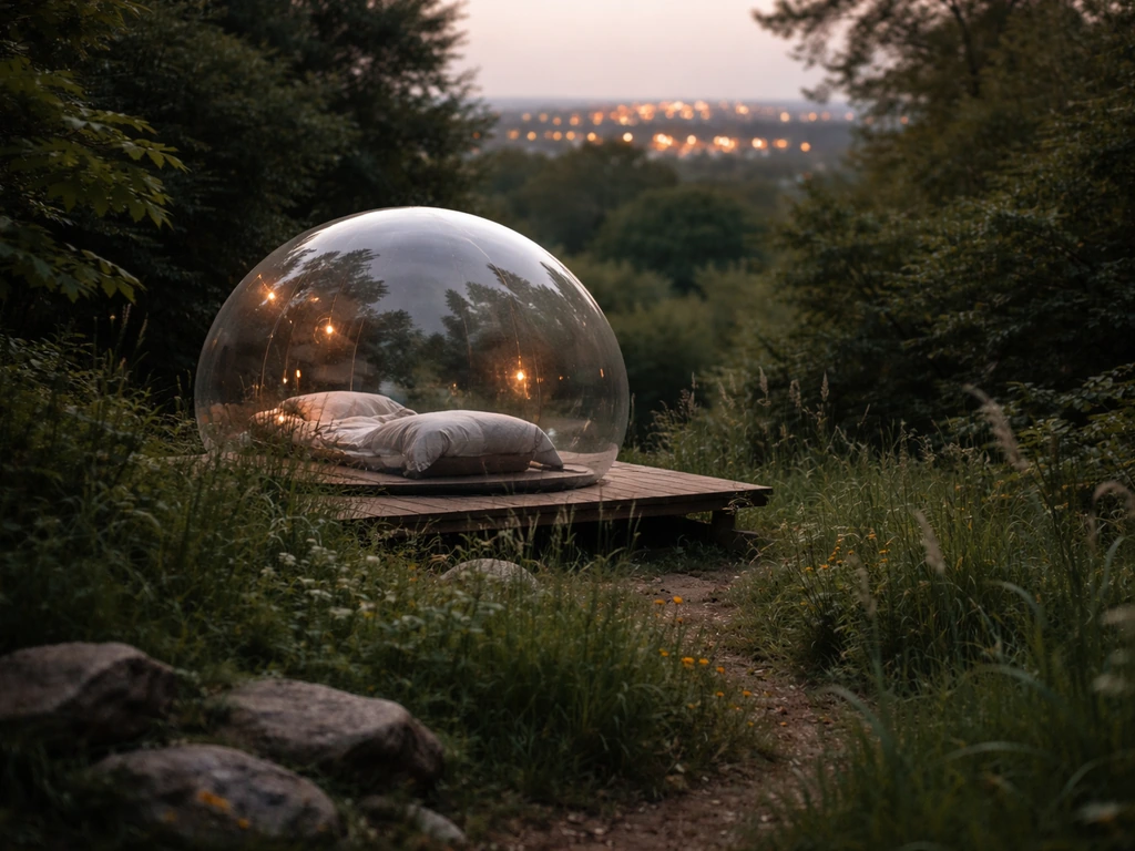 Écolodge bulle dans la végétation, route et lumières de ville floutées au loin, ambiance calme et sombre