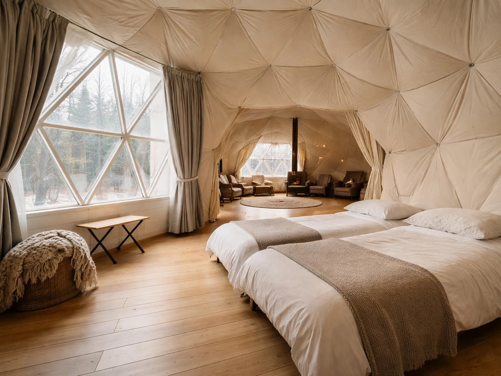 Intérieur d’un dôme géodésique spacieux pour famille, lits séparables et rideaux thermiques visibles.