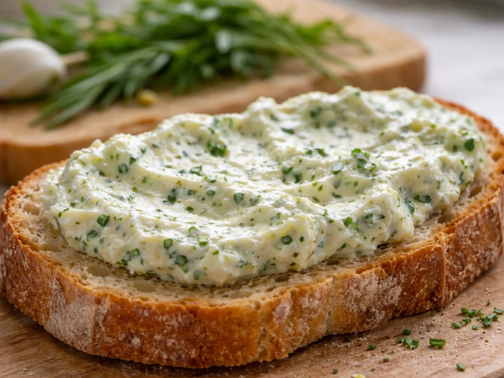 Gros plan d’une tartinade fromage ail fines herbes sur pain de campagne, avec ail et herbes en arrière-plan.