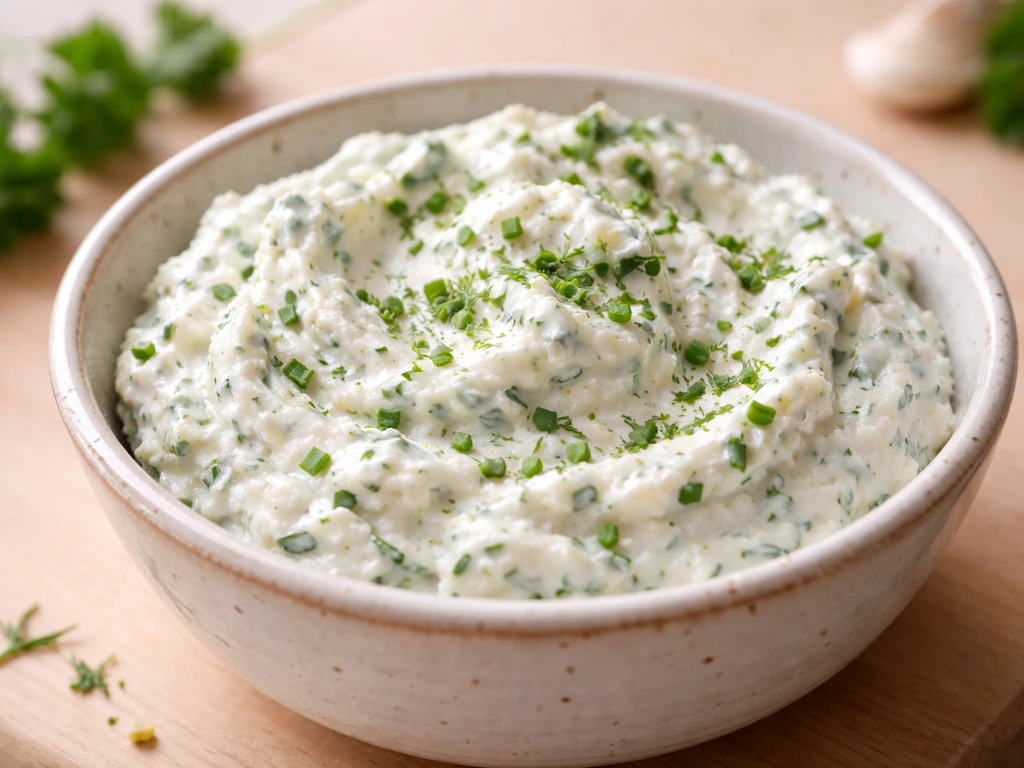 Gros plan d’un fromage frais tartinable aux fines herbes et morceaux d’ail dans un bol.