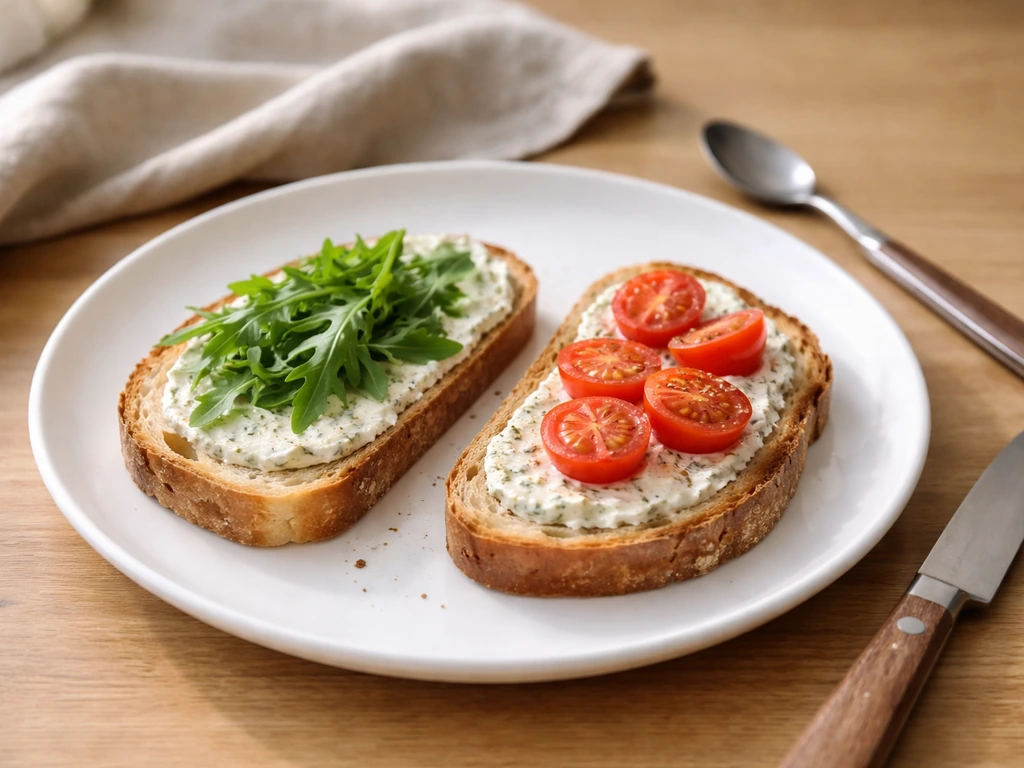 Tranches de pain de campagne grillé avec fromage ail fines herbes, roquette et tomates cerise, sur une table en bois.