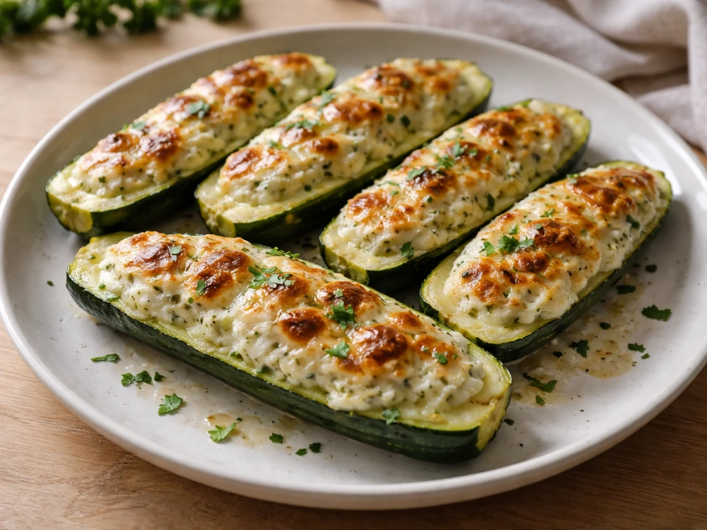Courgettes farcies sorties du four, nappées d’un mélange au fromage ail et fines herbes, sur une assiette en céramique.