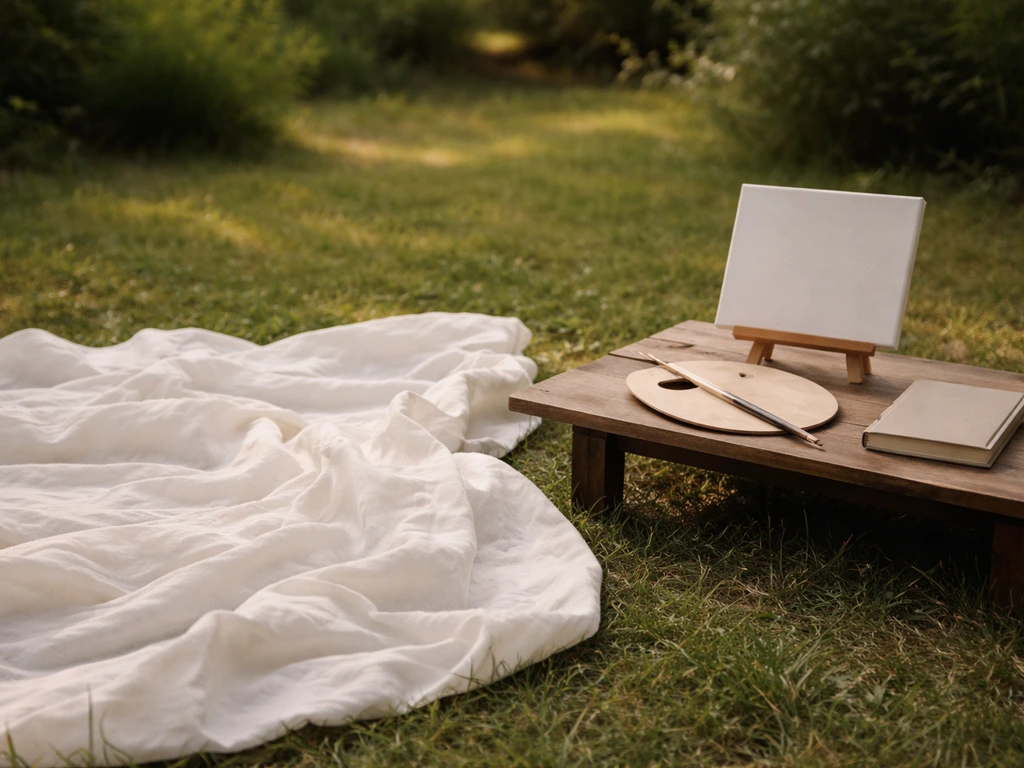 Deux mises en scène côte à côte : drapé blanc dans l’herbe et objets d’atelier sur une table en plein air.