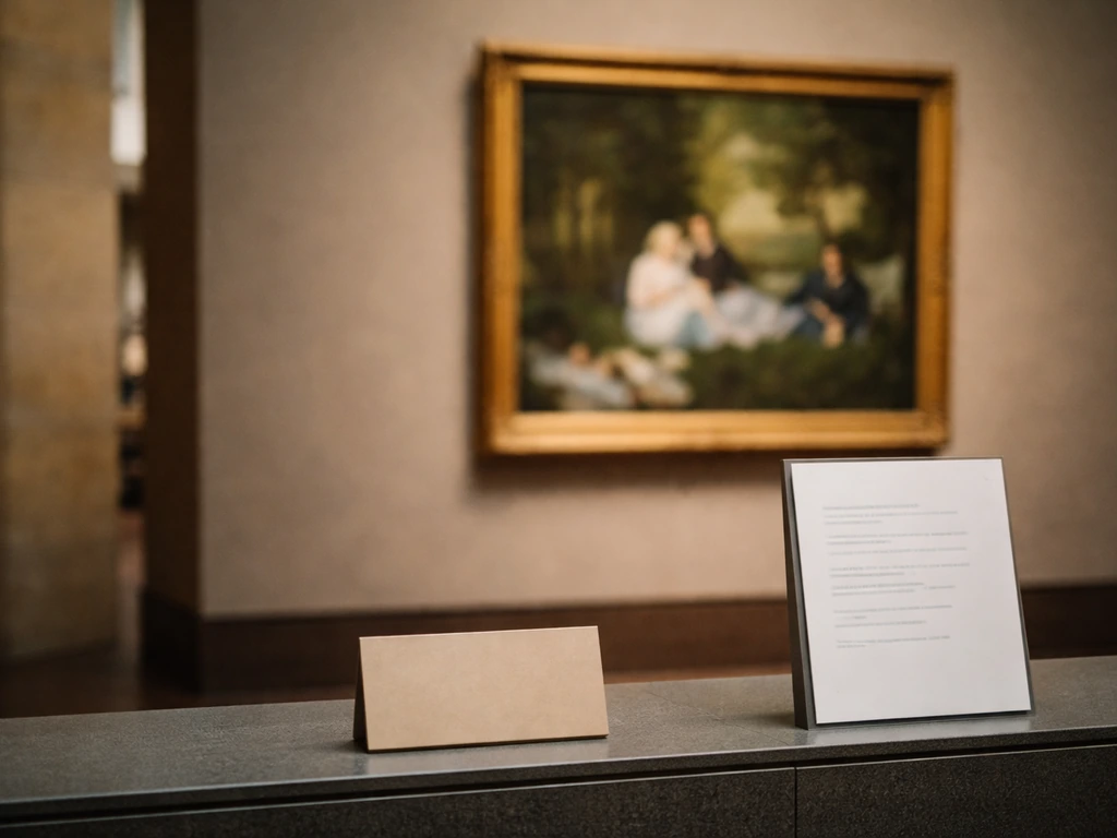 Intérieur du musée d’Orsay : cartel et panneau de médiation près d’un tableau, œuvre floue en arrière-plan