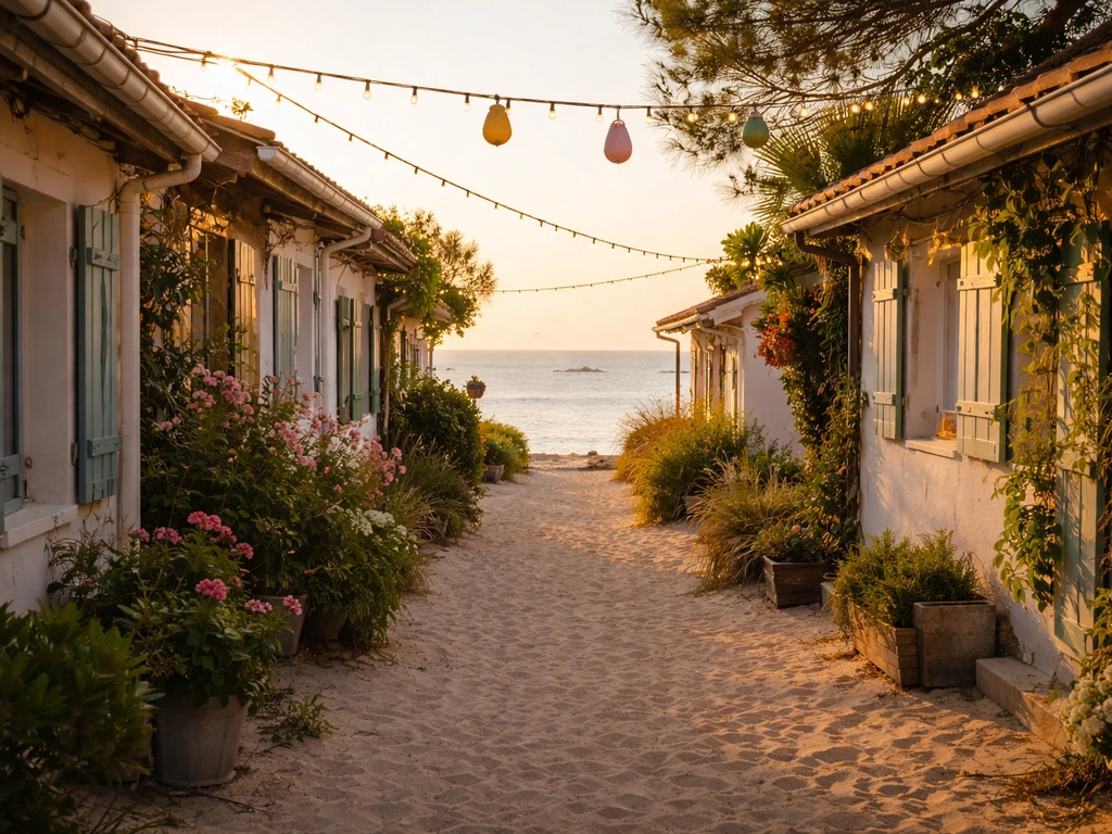 Vue immersive du Village de l’Herbe au Cap Ferret, ruelles en sable et ambiance festive près du Bassin d’Arcachon