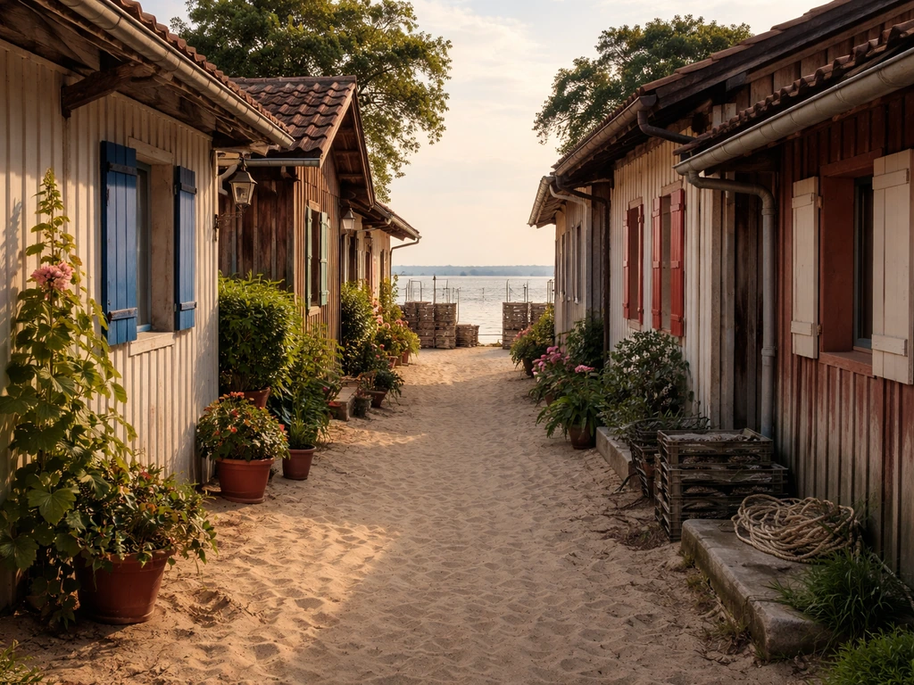 Ruelles en sable du Village de l’Herbe au Cap Ferret, façades typiques et bassin d’Arcachon au loin.