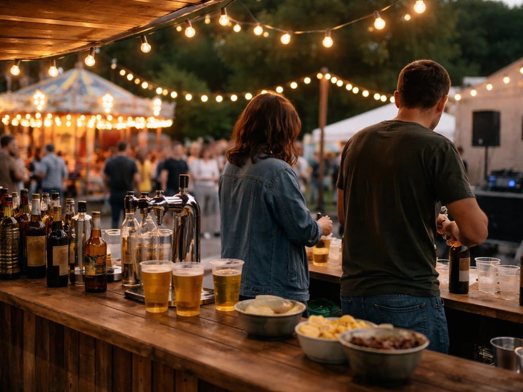 Soirée du village : guirlandes, fête foraine en arrière-plan, buvette et DJ Set dans une ambiance conviviale