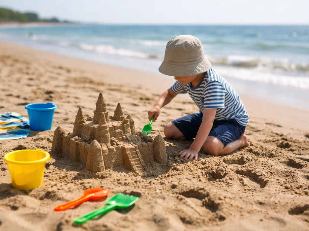 Un enfant façonne un château de sable sur une plage, ambiance ludique et familiale.