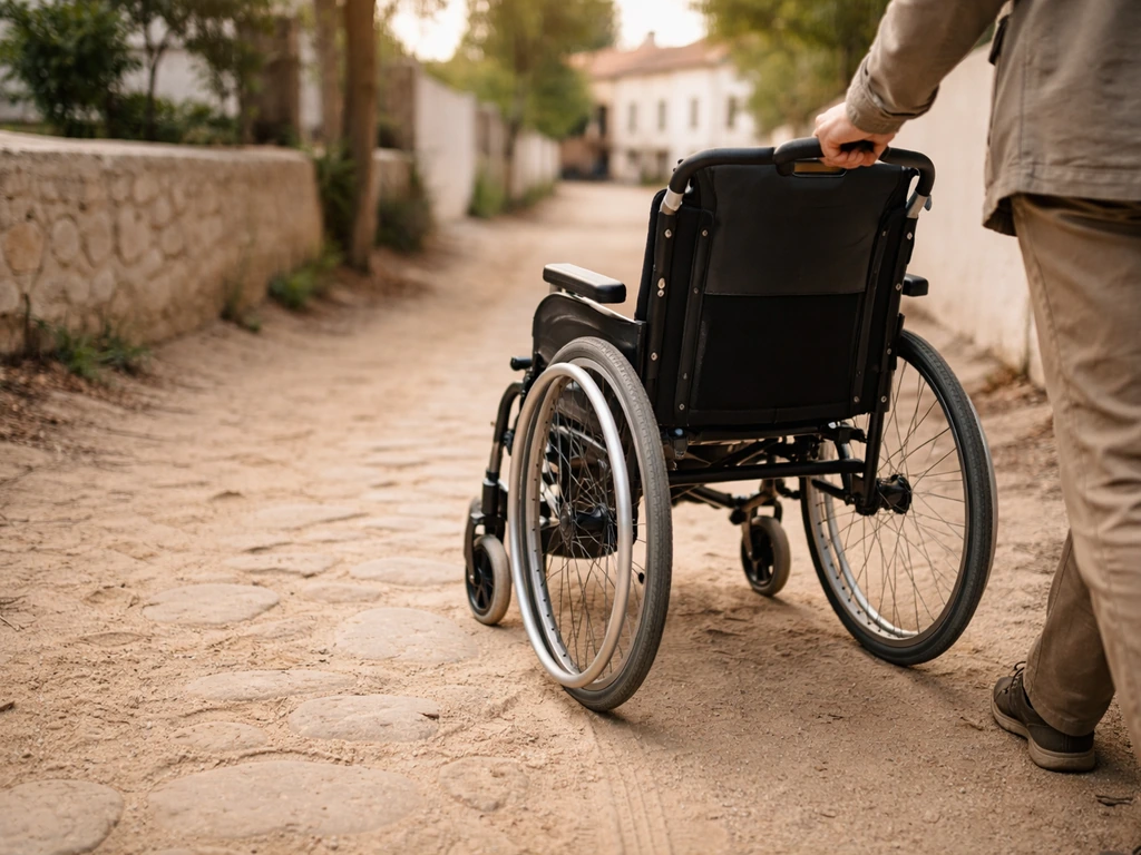 Fauteuil roulant dans une ruelle en sable compacté, chemins irréguliers, ambiance naturelle et accessible