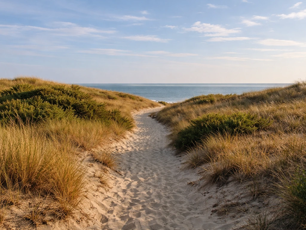 Chemin dans les dunes vers l’océan, ambiance naturelle pour un itinéraire à pied L’Herbe–Cap Ferret.