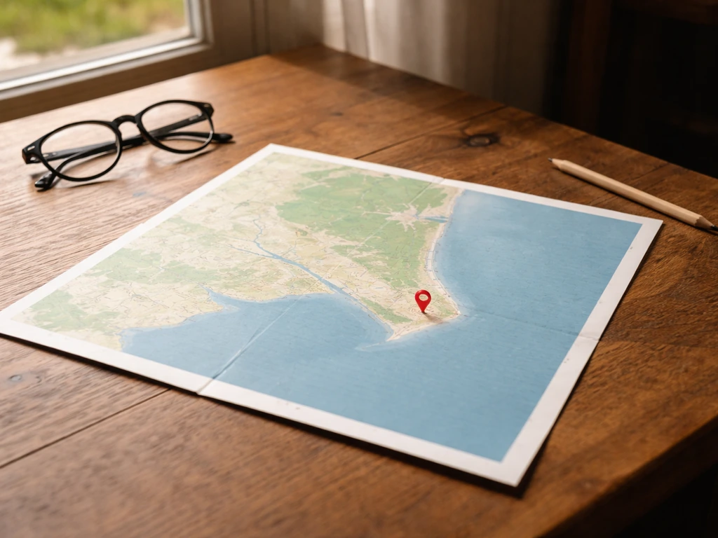 Carte papier posée sur une table avec un repère discret indiquant l’emplacement de L’Herbe.