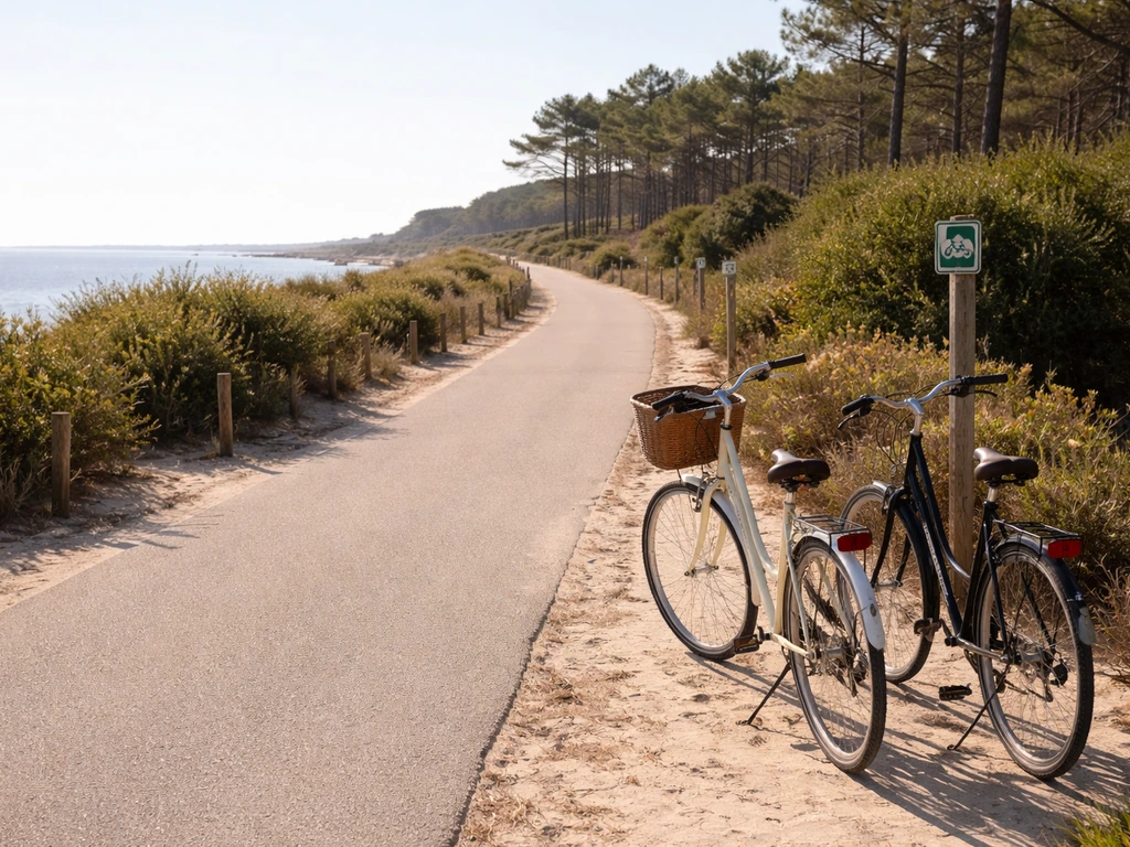 Vélos sur une piste cyclable côtière à Lège-Cap-Ferret, signalétique discrète de chemin balisé vers Le Ferret.