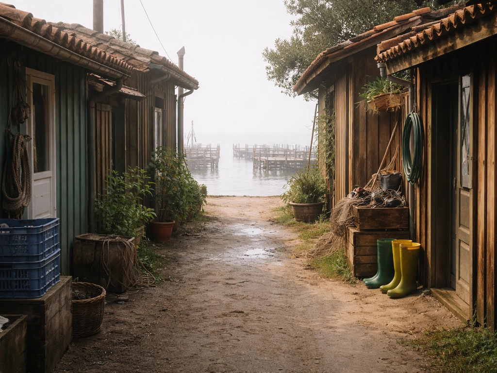 Ruelle d’un village ostréicole de L’Herbe, cabanes en bois et traces d’activité, vue lointaine sur l’eau.