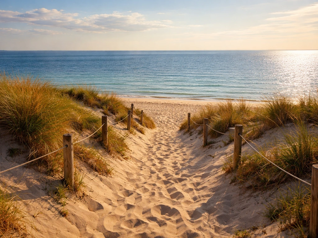 Dune vers la plage, vue plongeante sur le bassin à l’heure dorée avec reflets de fin de journée.