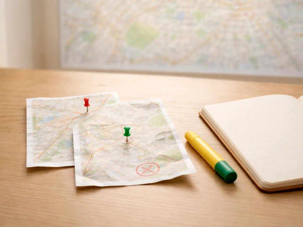 Deux cartes et épingles sur une table, suggérant la confusion entre origine et adresse actuelle, sans texte.