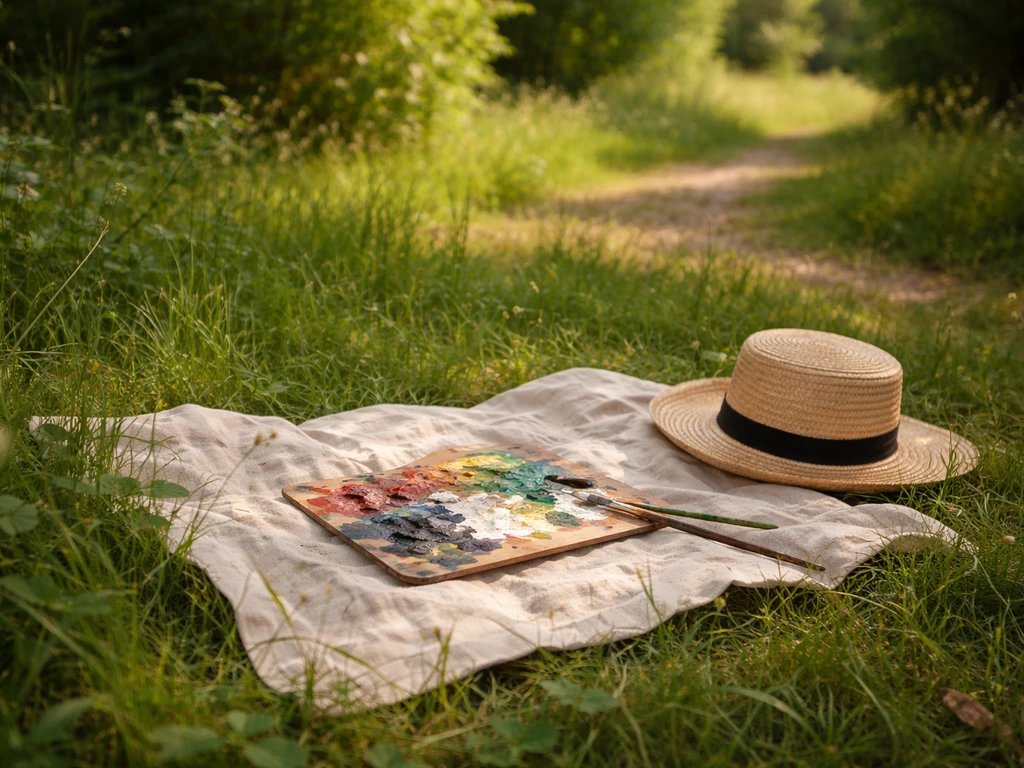 Détail d’un décor de plein air avec herbe et palette de couleurs évoquant le « déjeuner sur l’herbe » façon Cézanne.
