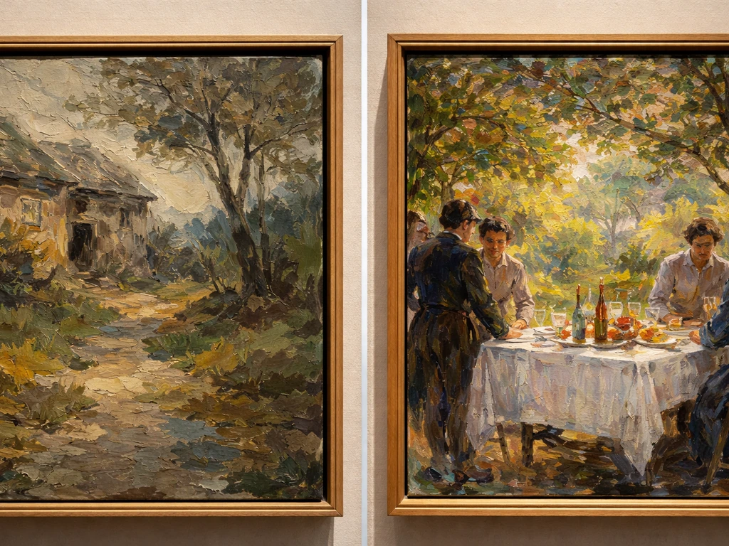 Deux vues rapprochées de toiles au mur, détails de peinture évoquant Cézanne et une scène proche de Manet.